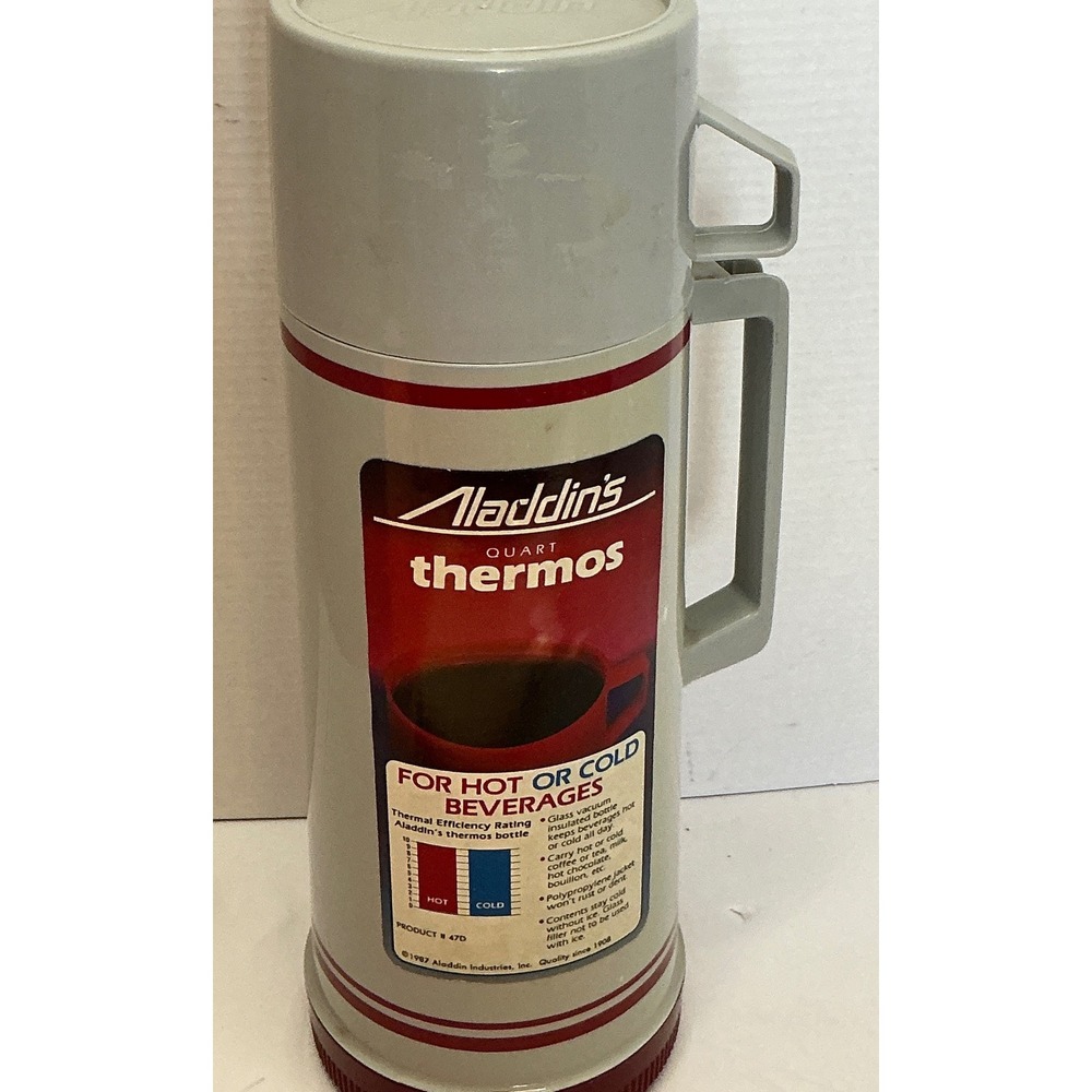 Aladdin Vintage 1987 Thermos Quart Bottle Glass Insulated Grey Red 32oz 47D